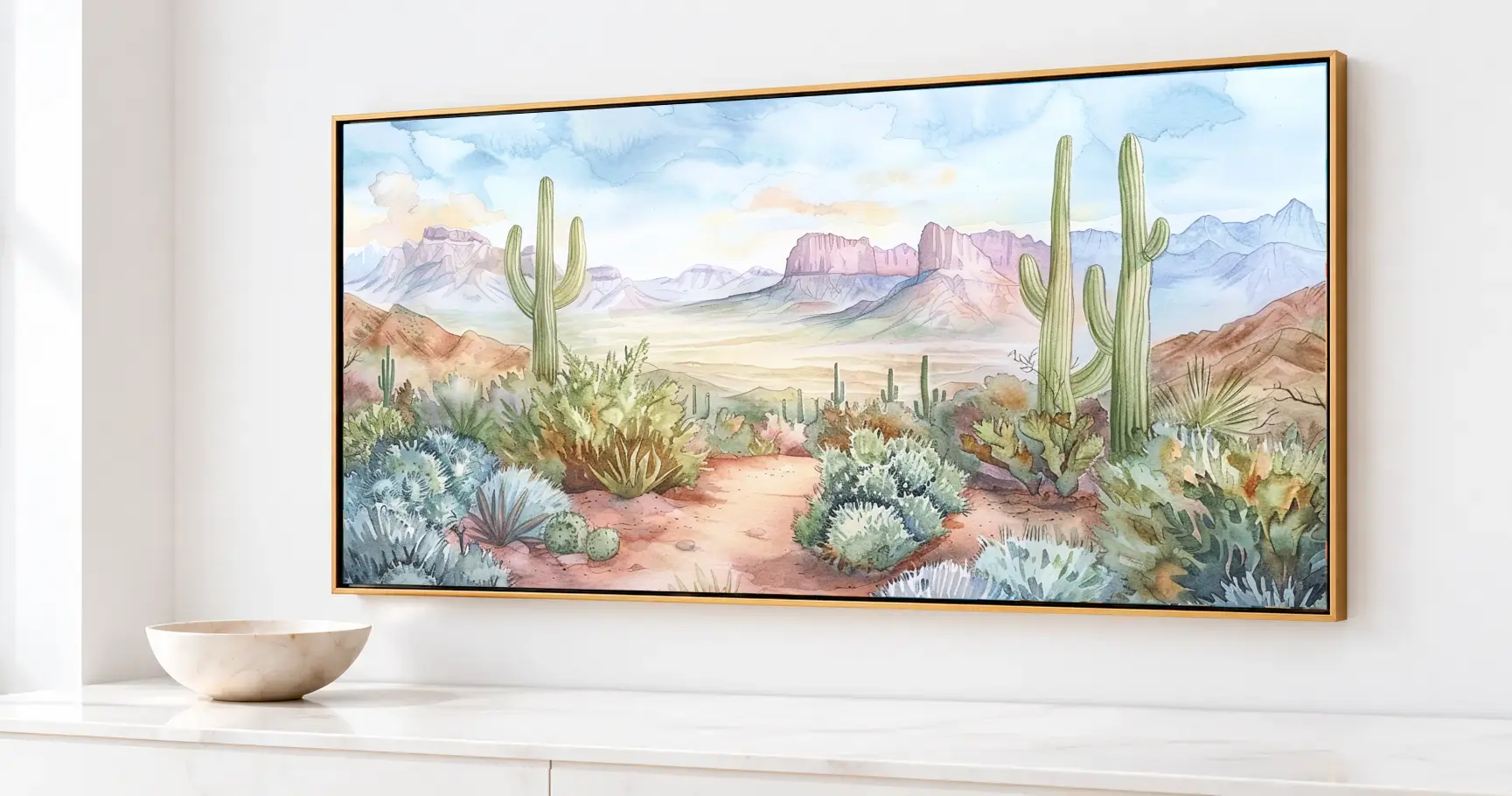 Original Vanco desert watercolor displayed on a framed television