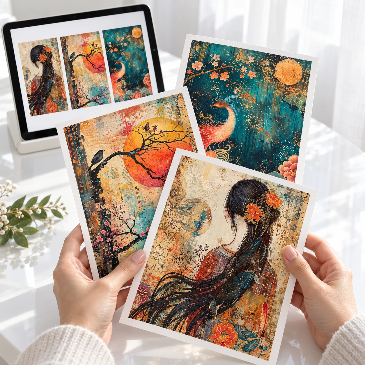 Illustrated Art Pack Lifestyle Scene Hands browsing Japanese illustrated art prints featuring a woman, birds and blossoms, with a matching digital art gallery on a tablet in a bright white studio.