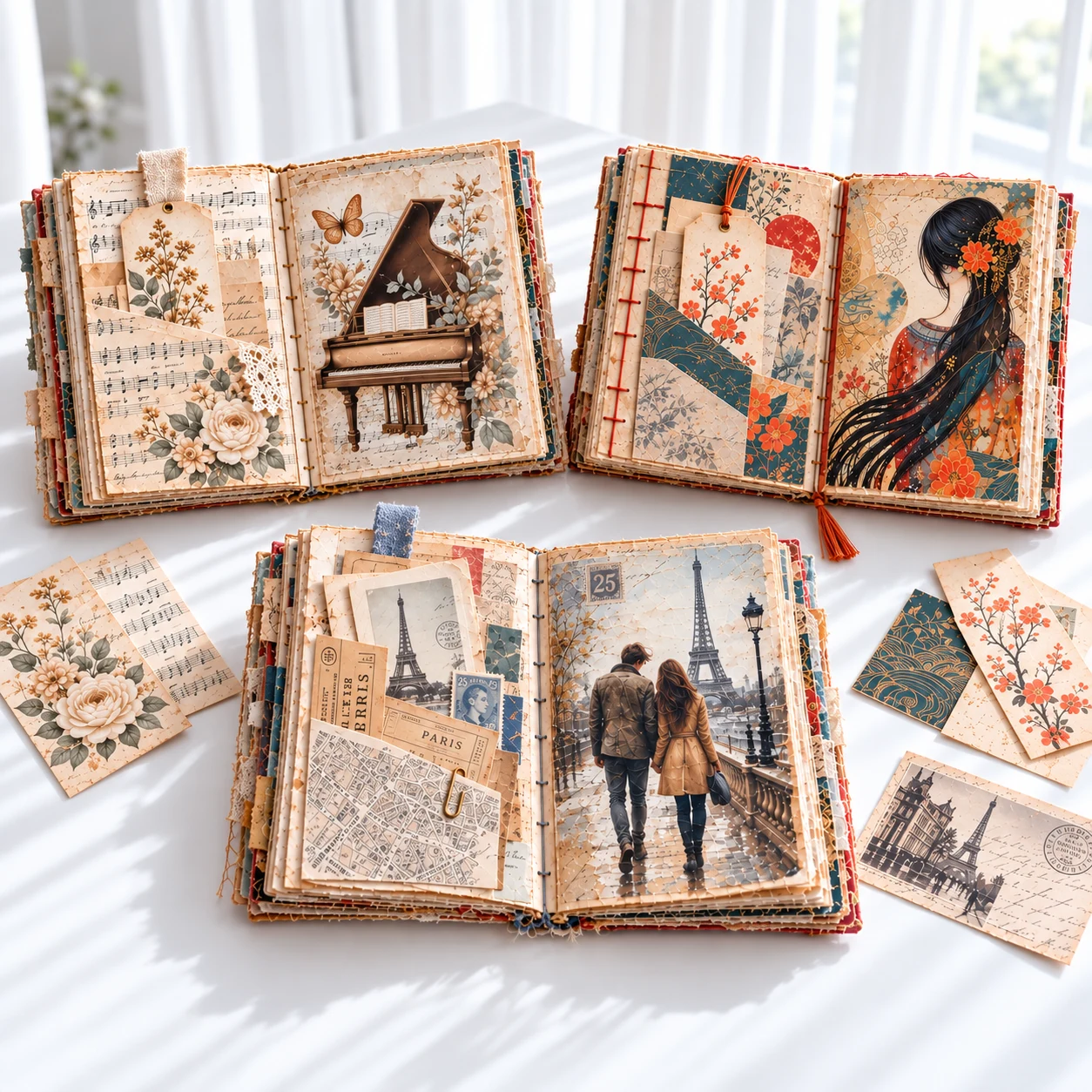 Junk Journal Collection — Square Lifestyle Scene Paris travel, Japanese Japandi and piano music handmade journals arranged on a bright white craft table.