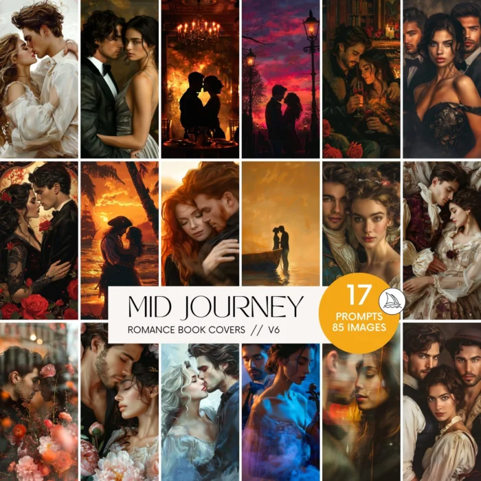 Romance Book Cover Midjourney AI Prompts -- AI-generated romance book cover illustration showing a passionate couple in soft evening light, designed using Midjourney prompts for self-published authors and digital artists