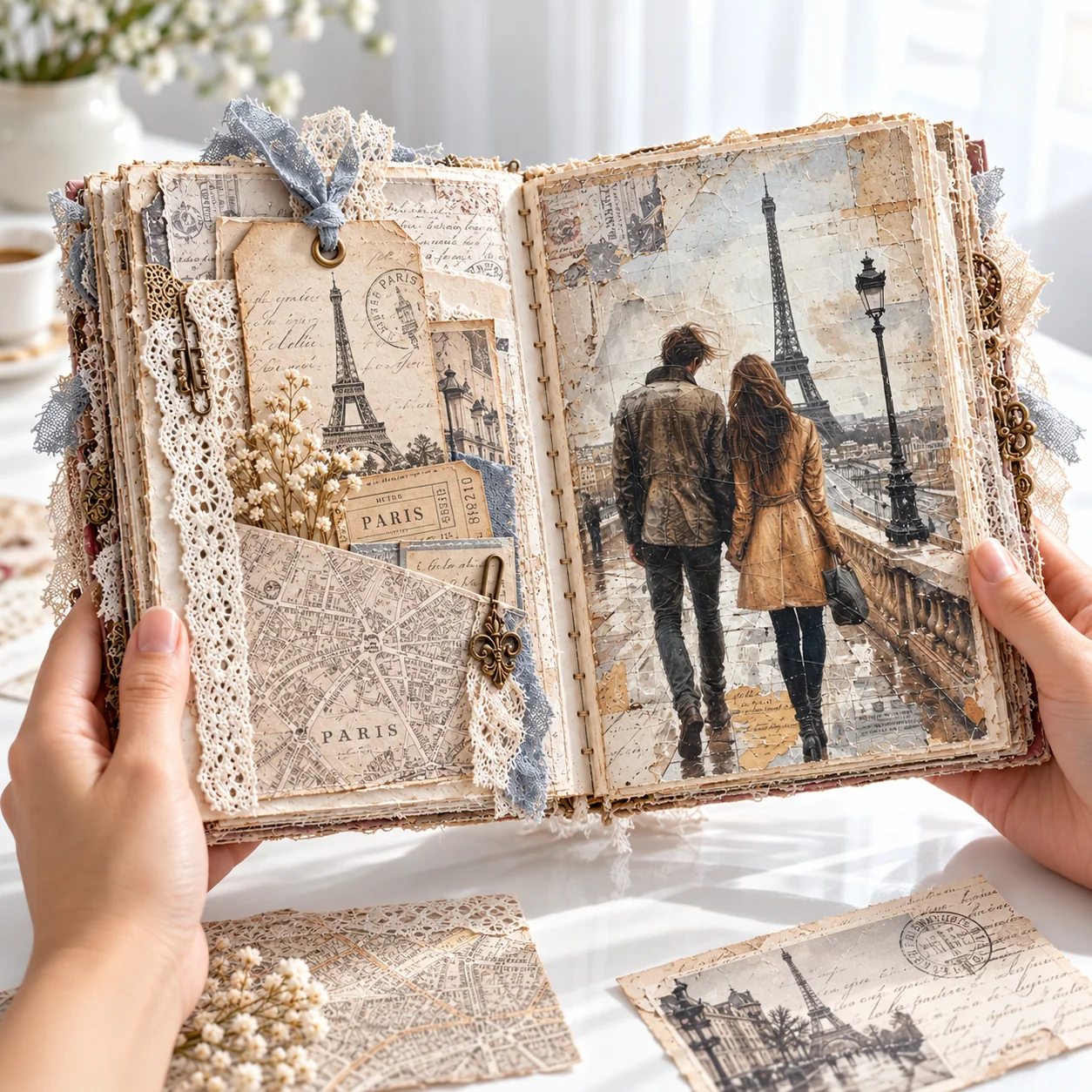 Paris Travel Junk Journal Lifestyle Scene Hands holding an open Paris travel junk journal with Eiffel Tower artwork, a couple walking in Paris, map pockets and travel tags.