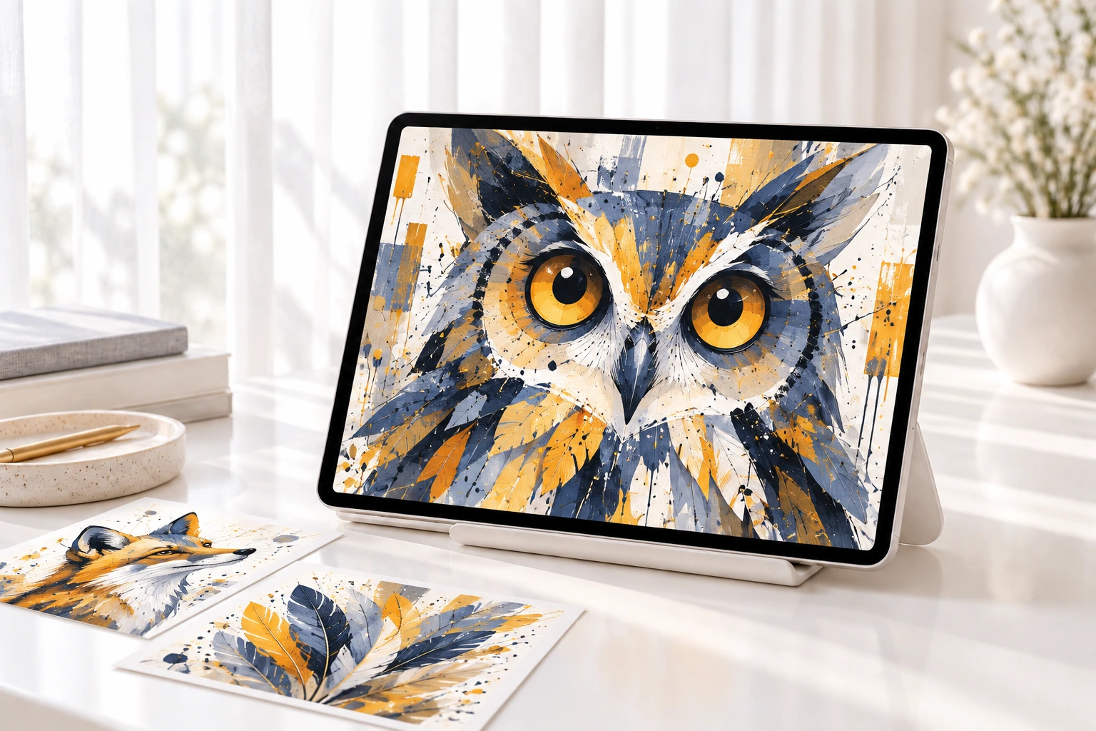 Bold textured owl digital artwork on a tablet with fox and feather illustration samples