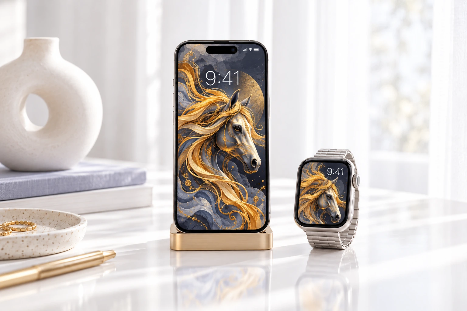 Coordinated golden horse artwork on a phone and silver watch, both displaying 9:41