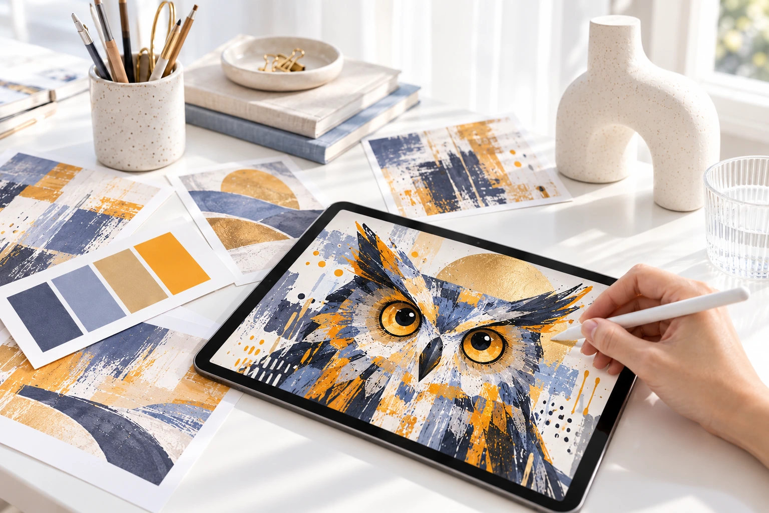 Vanco About story — imaginative brand studio Drawing a bold denim and gold owl illustration on a tablet beside abstract art samples