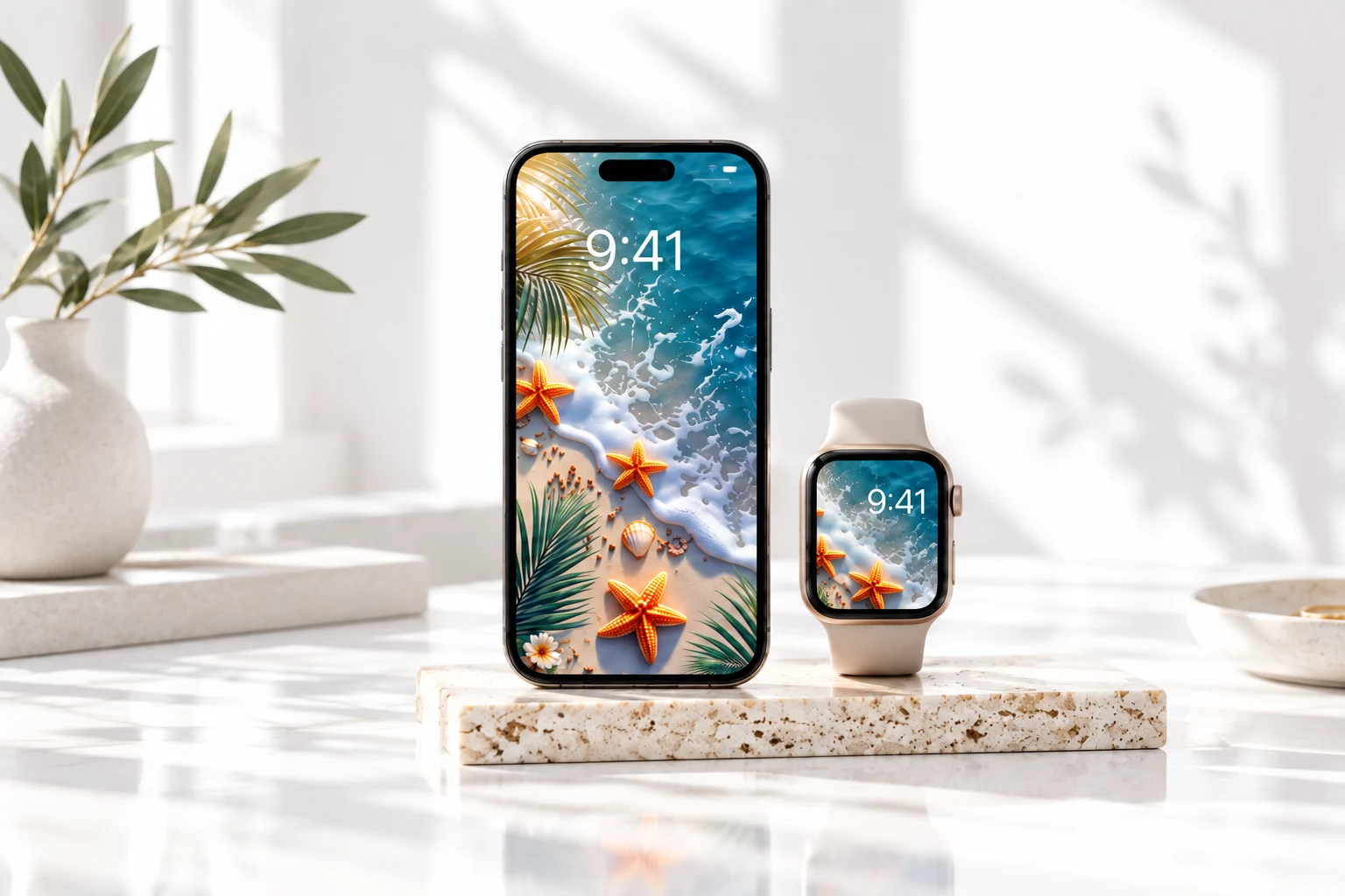 Vanco studio beach phone and watch Matching Vanco beach artwork on a phone and Apple Watch in a bright studio