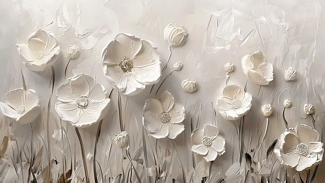 White sculptural flowers with textured petals and delicate stems