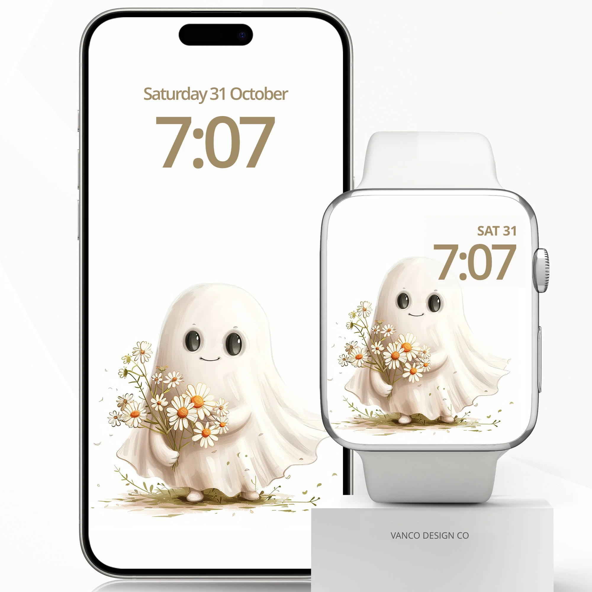 Ghost Daisies Cute matching Apple Watch face and phone wallpaper artwork