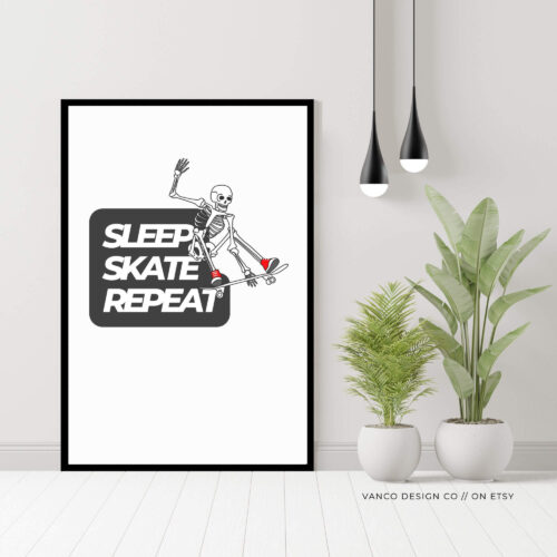 Skateboard Wall Art – Printable Goth Skeleton Decor