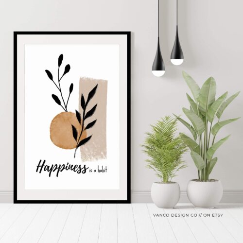 Neutral Boho Wall Art Quote – 'Happiness' Modern Printable Decor