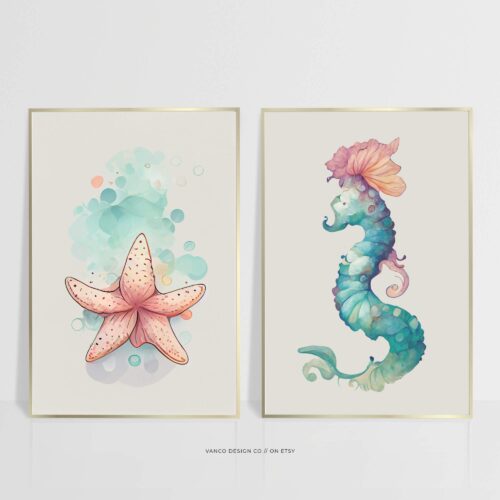 Beach Nursery Wall Art – Watercolor Seahorse & Starfish