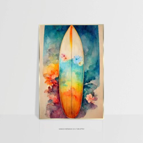 lourful Surfboard Wall Art – Watercolor Coastal Beach Nursery Print