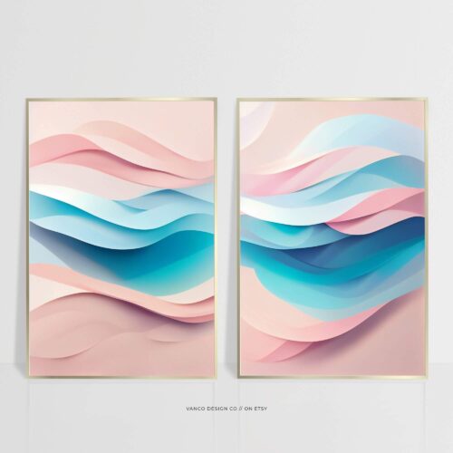 Pink and Blue Wall Art – Set of 2 Funky Abstract Waves