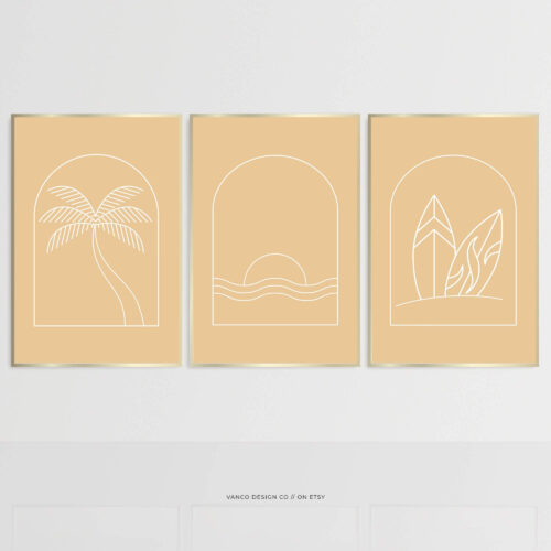 Boho Palm Beach Surf Wall Art – Neutral Minimalist Set of 3