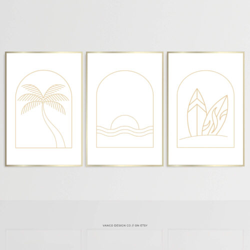 Boho Palm Beach Surf Wall Art – Neutral White Minimalist Set of 3