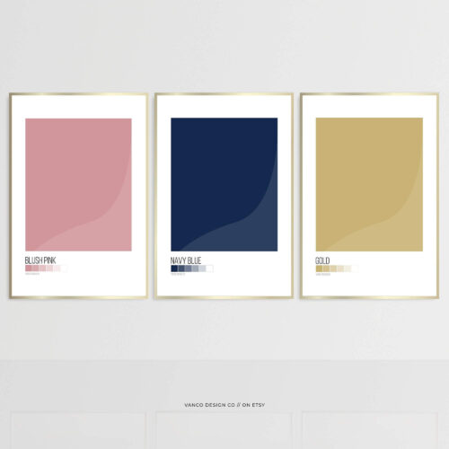 Pink Navy Gold Colour Block Wall Art Set