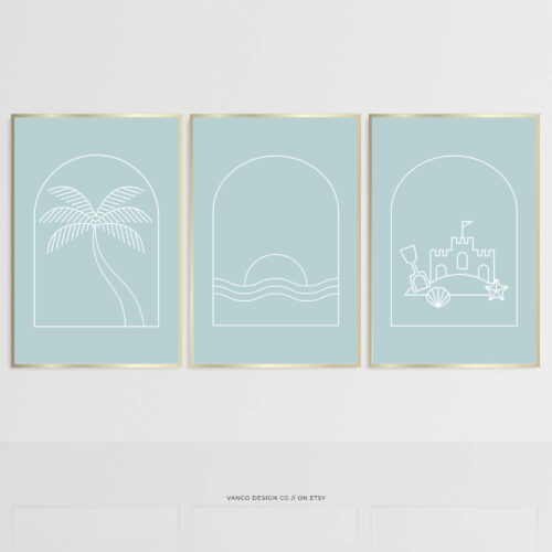 Boho Beach Boy Nursery Wall Art – Blue Surf & Palm Print Set of 3