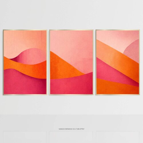 Pink & Orange Abstract Wall Art Set – Funky Preppy Dorm Décor (Set of 3)