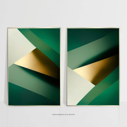 Emerald Green Gold Wall Art – Set of 2 Modern Abstract Prints