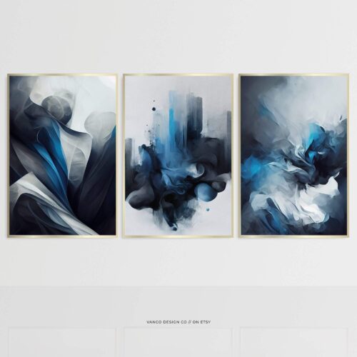 Navy Blue Indigo Grey Wall Art – Abstract 3 Piece Set