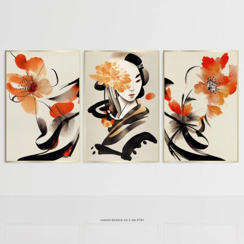 Japandi Geisha-Inspired Abstract Wall Art Set of 2