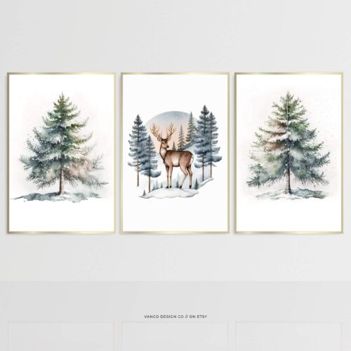 Snowy Winter Christmas Trees Set of 3 – Holiday Wall Prints