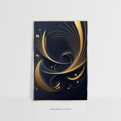 Navy Blue & Gold Modern Abstract Wall Art