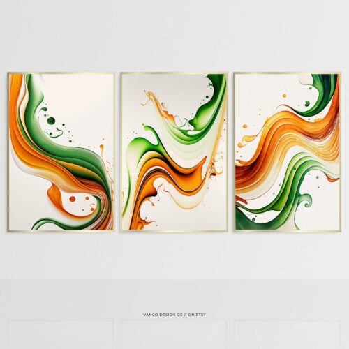 Emerald Green & Burnt Orange Abstract Wall Art – Set of 3