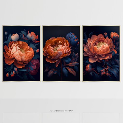 Moody Vintage Peonies Wall Art Dark Floral Printable Set