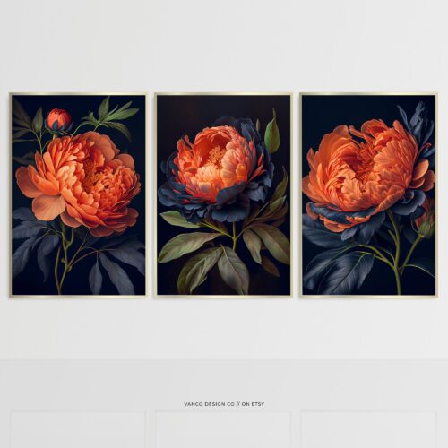 Moody Vintage Peony Wall Art Dark Floral Set of 3 Prints
