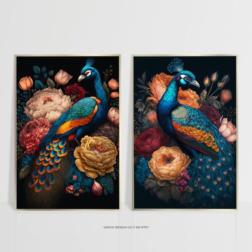 Moody Peacock Peony Wall Art Set of 2