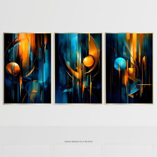 Teal, Blue & Orange Abstract Wall Art Printable Set of 3
