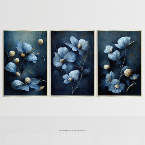 Shades of Blue Floral Wall Art Elegant Printable Set of 3