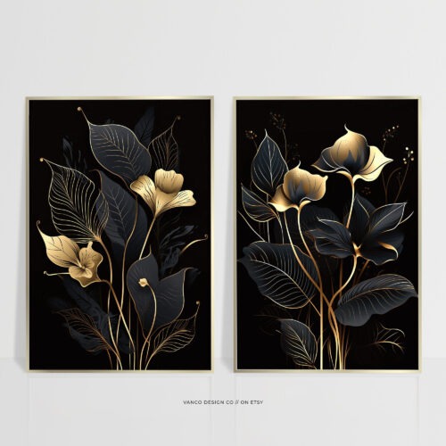 Black & Gold Floral Wall Art Elegant Printable Set of 2