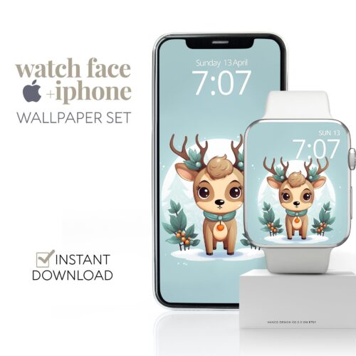 Blue Reindeer Christmas Watch Face & Wallpaper Set