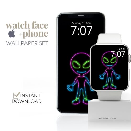 Neon Alien & Phone Watch Face & Wallpaper Set
