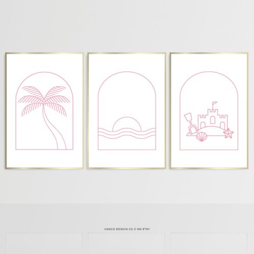 Pink Beach Palm Nursery Wall Art Set