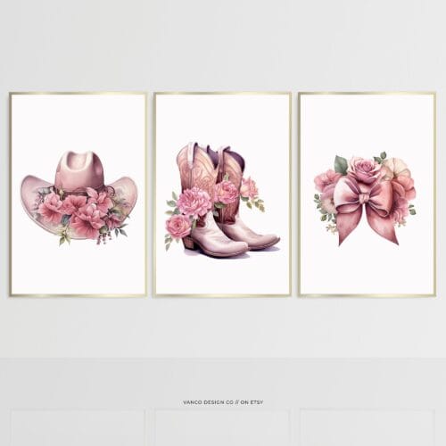 Pink Cowgirl Boots Western Wall Art Set
