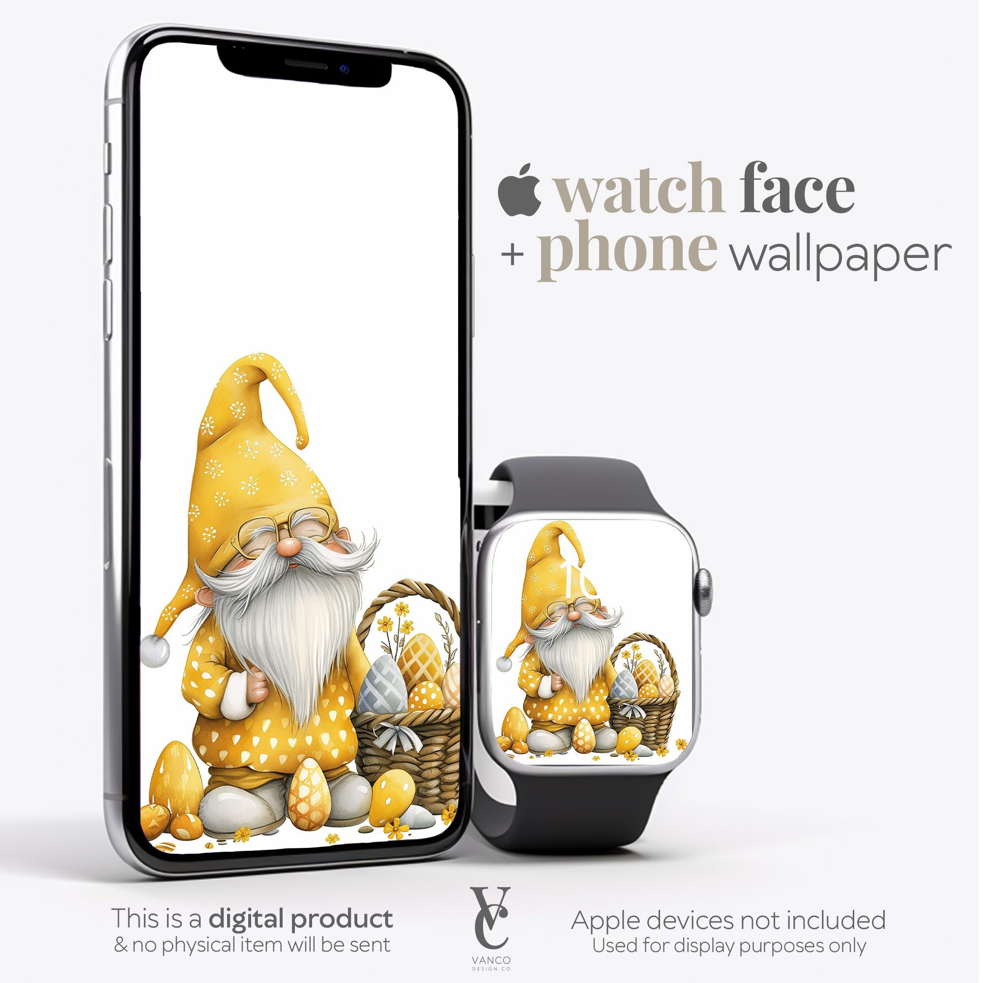 Easter Yellow Gnomes matching Apple Watch face and phone wallpaper artwork