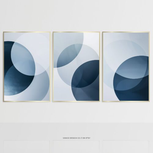 Navy Blue Ombre Abstract Wall Art Modern Printable Set of 3