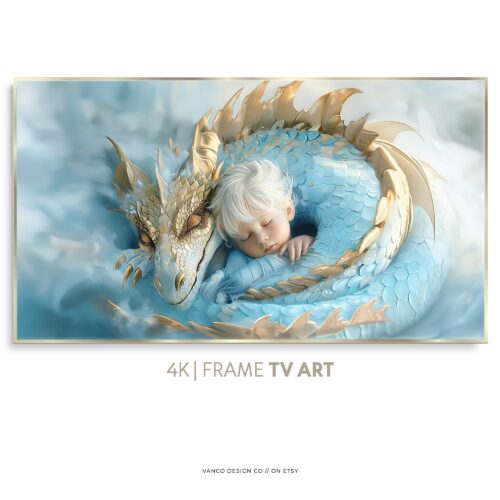 Sleeping Baby Dragon Frame TV Art – Blue Fantasy Guardian