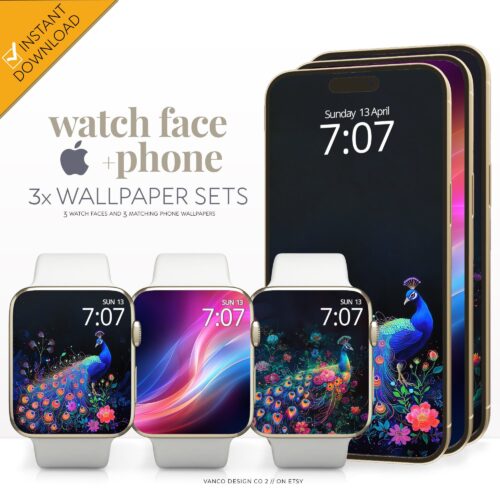 Peacock Spring Neon Watch Face & Wallpaper Set