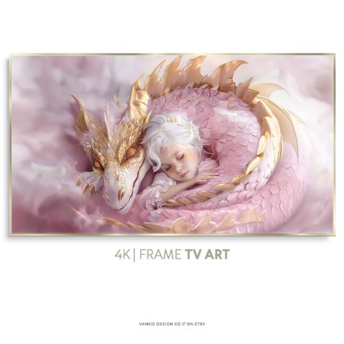 Sleeping Baby Dragon Frame TV Art Pink Fantasy Guardian Princess