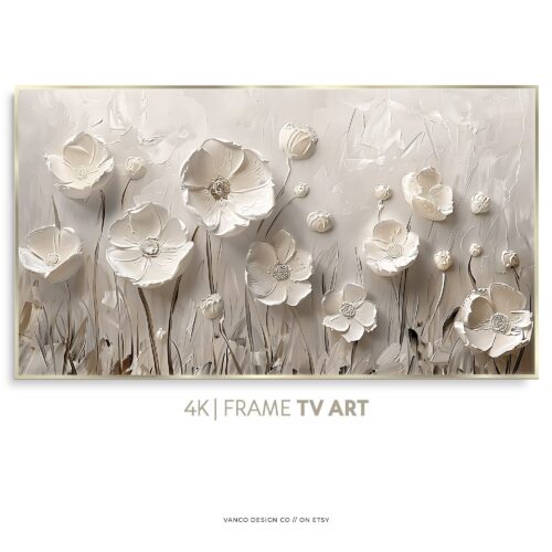 Field of Flowers Frame TV Art – Neutral Floral Oil Painting
