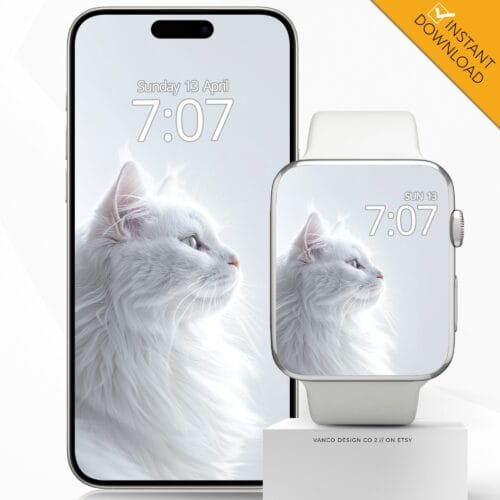 White Cat Cute Watch Face & Wallpaper Set