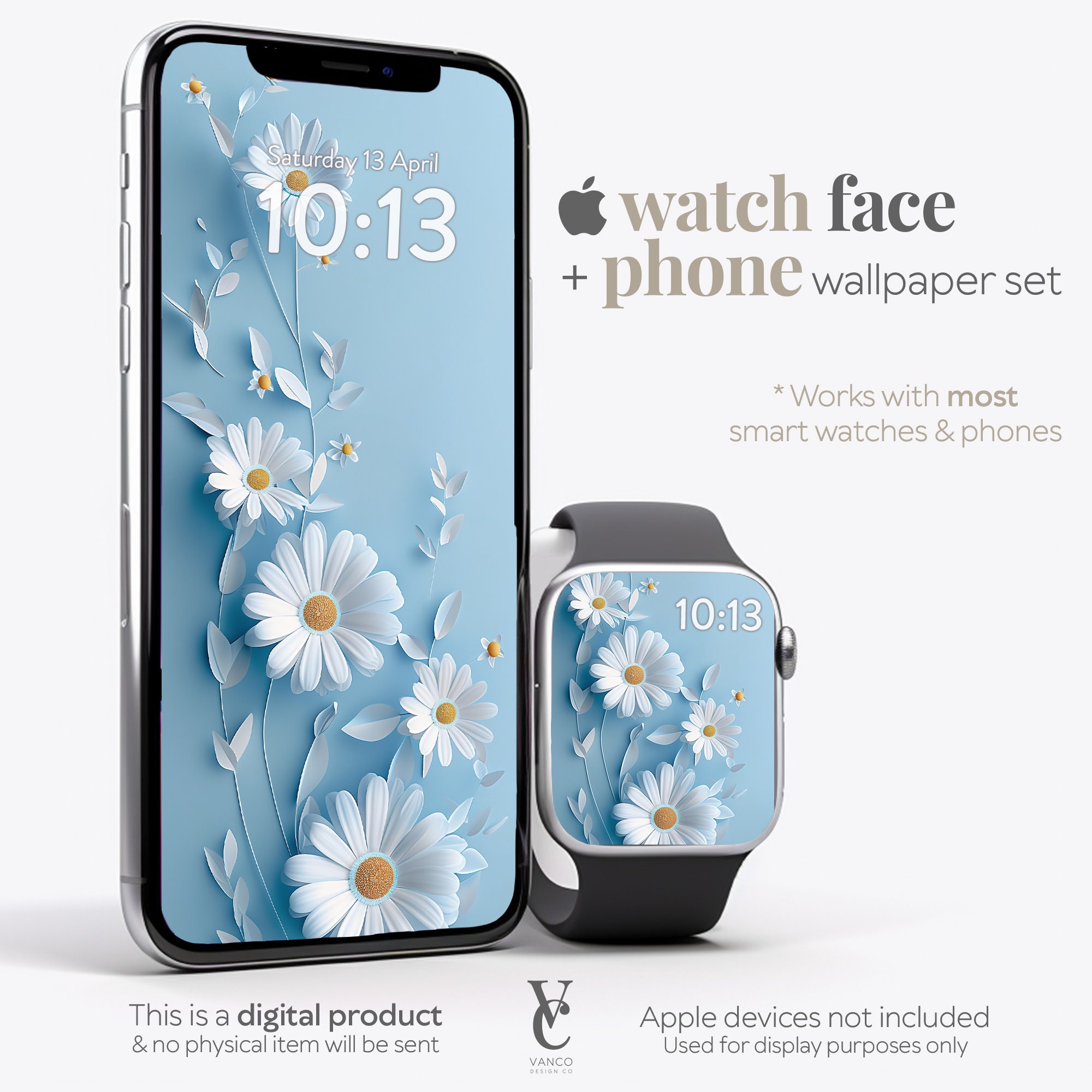 White daisies on a light blue background shown on matching phone and Apple Watch screens.