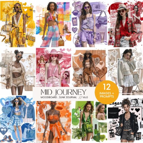 Midjourney AI Prompts Fashion Moodboard Junk Journal Papers, Colorful Designer Papercraft Scrapbooking Craft Mixed Media Art Images Guide
