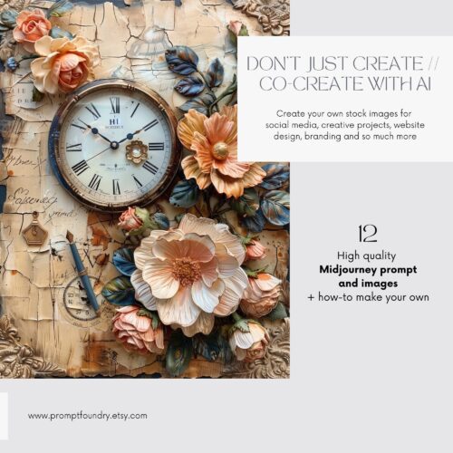 AI Midjourney Prompts Floral Time Machine Capsule Junk Journal Papers, Clock Flower Art Colourful Illustrations Images Scrapbooking