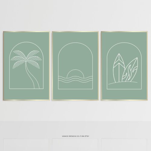 Sage Green Surf & Palm Wall Art Boho Coastal Vibe