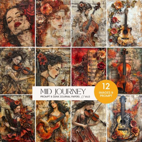 AI Midjourney Prompts Music Fiery Fantasy Junk Journal Papers, Vintage Gothic Papercraft Scrapbooking Craft Mixed Media Art Images Guide v6