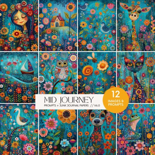 AI Midjourney Prompts Colourful Spring Illustrations Junk Journal Papers, Floral Scrapbooking Animal Flower Art Images Guide